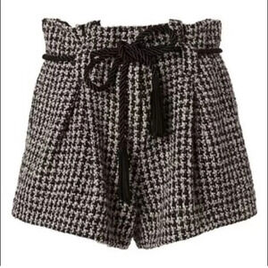 L'AGENCE Paperbag Tweed Shorts Houndstooth Tassels Belt Black White Pleated